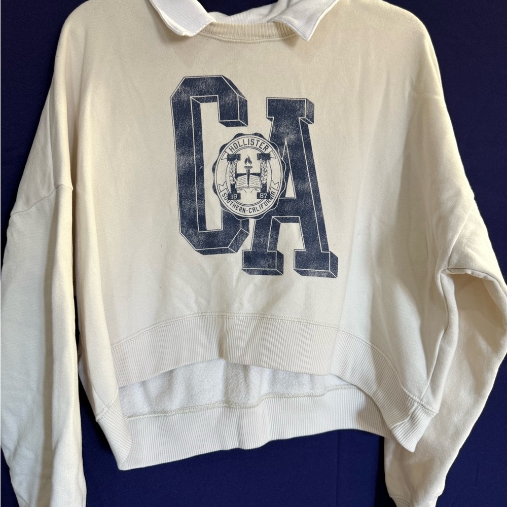 Hollister CA Collared Cropped Sweatshirt White Crewneck College Prep M Vtg 90’s